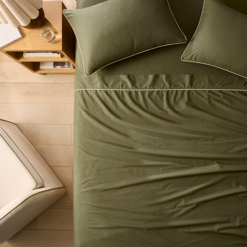 Piped Cotton Moss & Bone Sheet Set