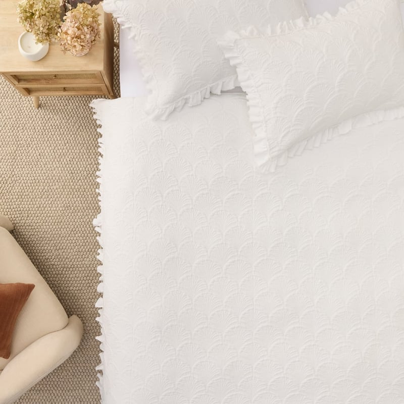 Mila White Ruffled Quilted Quilt Cover Set