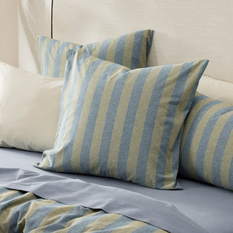 Stonewashed Cotton Olive and Denim Block Stripe Pillowcases