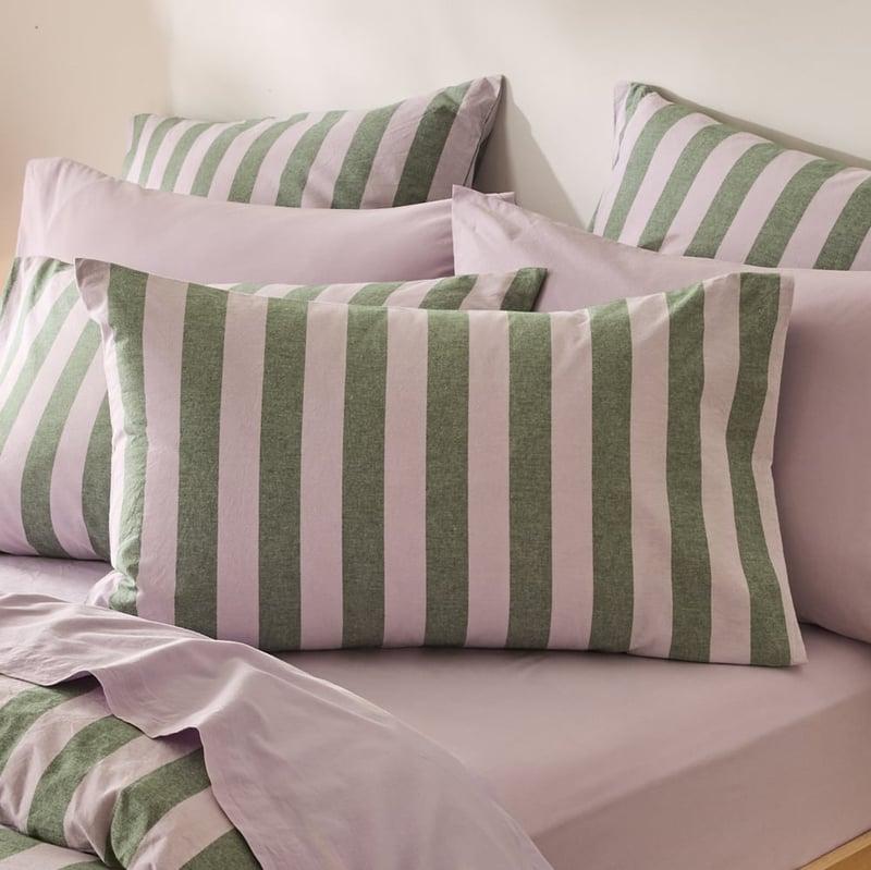 Stonewashed Cotton Emerald & Lilac Block Stripe Quilt Cover Separates
