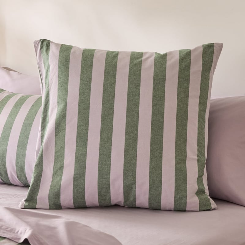Stonewashed Cotton Emerald & Lilac Block Stripe Pillowcases