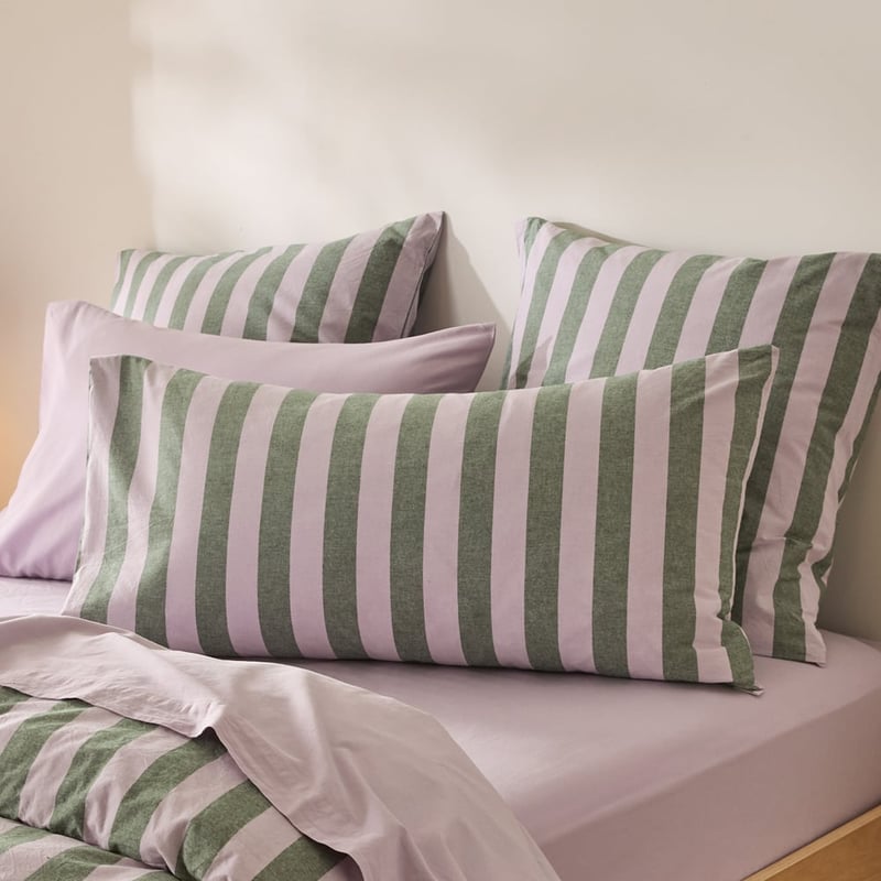 Stonewashed Cotton Emerald & Lilac Block Stripe Pillowcases