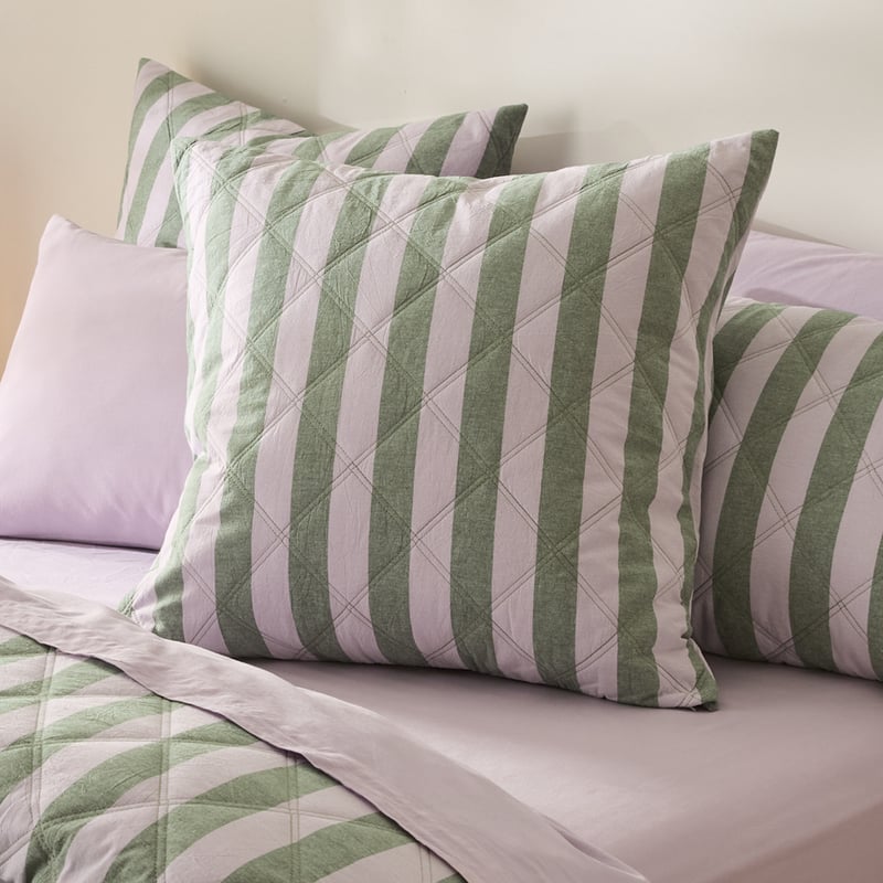 Stonewashed Cotton Emerald & Lilac Block Stripe Quilted Pillowcases