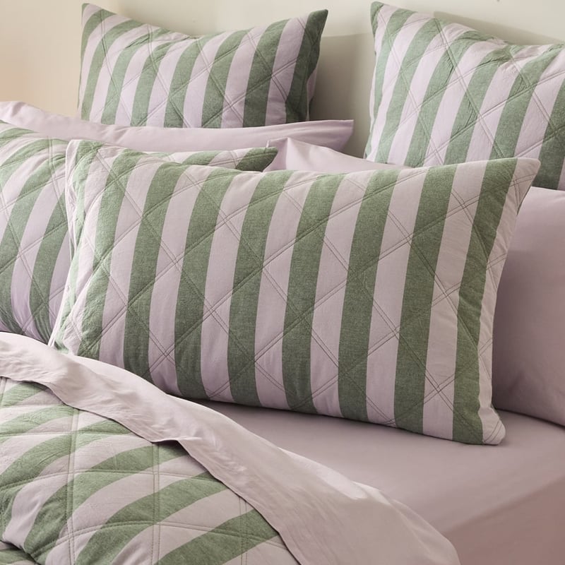 Stonewashed Cotton Emerald & Lilac Block Stripe Quilted Pillowcases