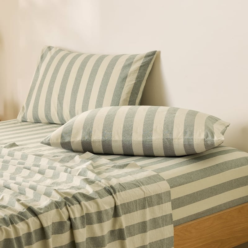 Stonewashed Cotton Basil & Pistachio Block Stripe Pillowcases