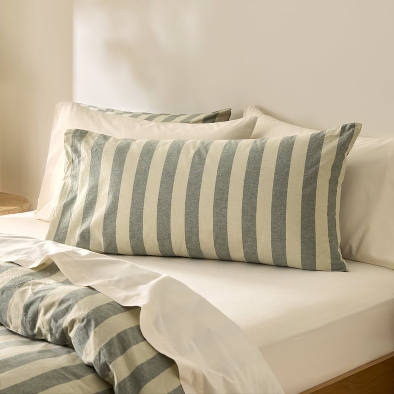 Stonewashed Cotton Basil & Pistachio Block Stripe Pillowcases