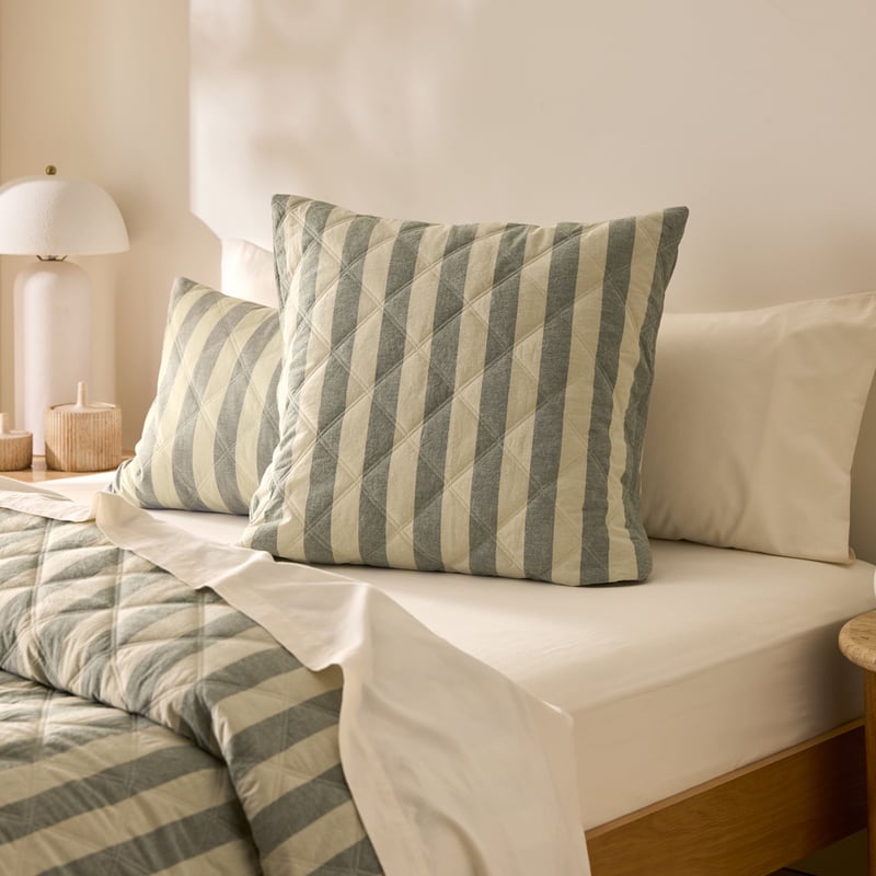 Stonewashed Cotton Basil & Pistachio Block Stripe Quilted Pillowcases