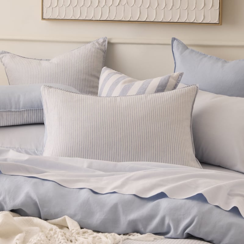 Vintage Washed Linen Dusty Blue & White Stripe Pillowcases