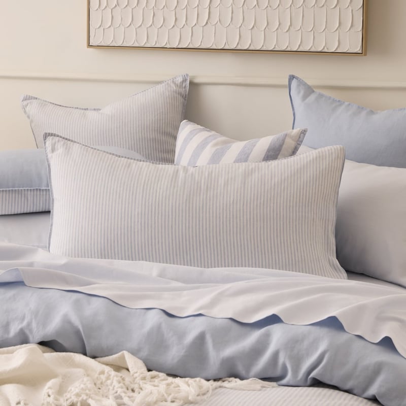 Vintage Washed Linen Dusty Blue & White Stripe Pillowcases