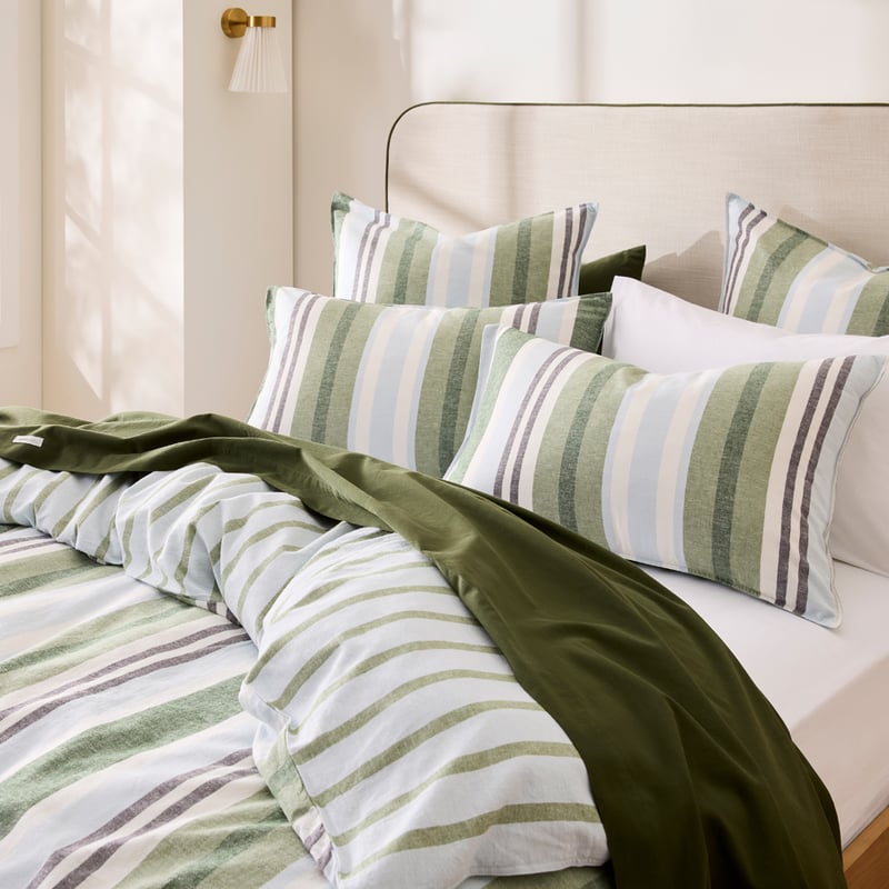 Pedro Green Stripe Cotton Linen Quilt Cover Set + Separates