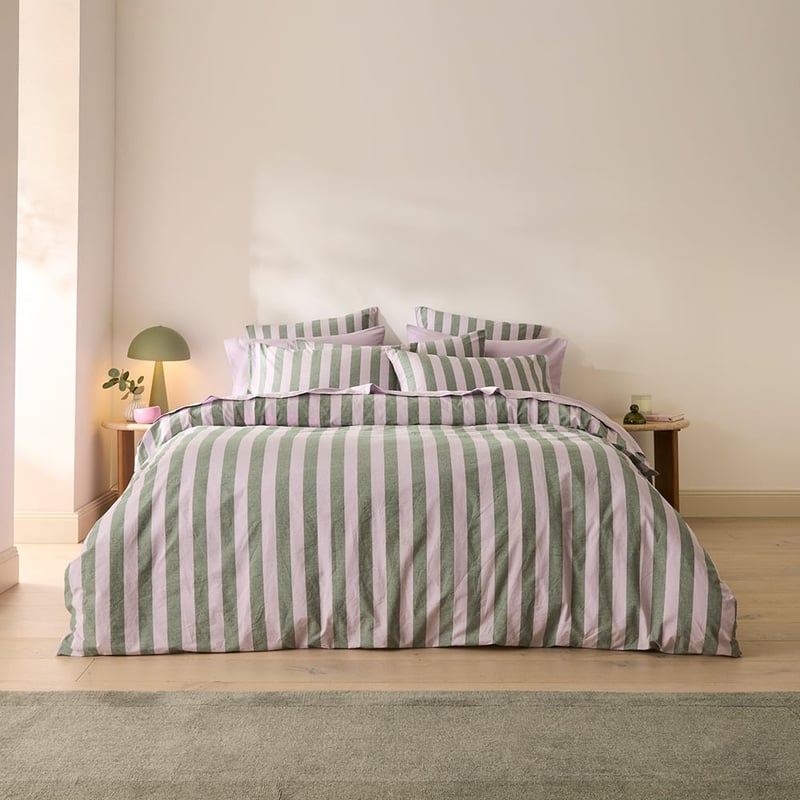 Stonewashed Cotton Emerald & Lilac Block Stripe Quilt Cover Separates