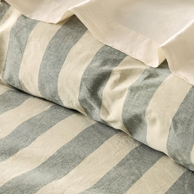 Stonewashed Cotton Basil & Pistachio Block Stripe Quilt Cover Separates