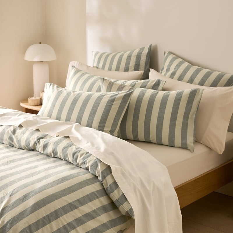 Stonewashed Cotton Basil & Pistachio Block Stripe Quilt Cover Separates