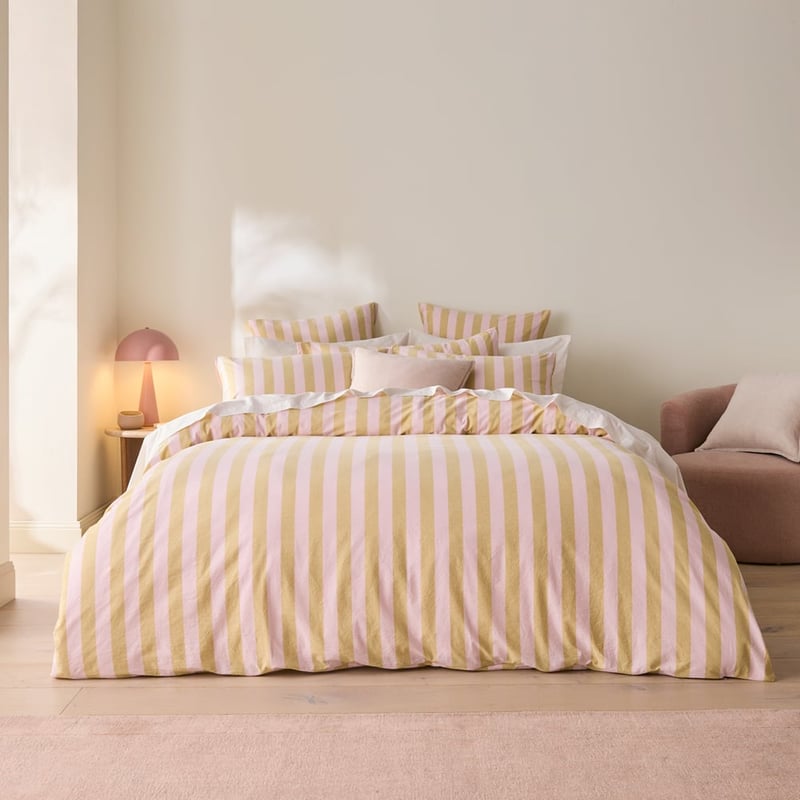 Stonewashed Cotton Pink & Olive Oil Block Stripe Quilt Cover Separates