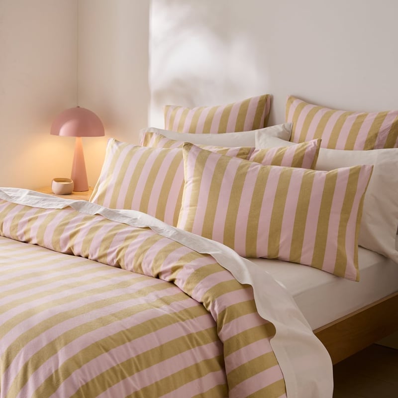 Stonewashed Cotton Pink & Olive Oil Block Stripe Quilt Cover Separates