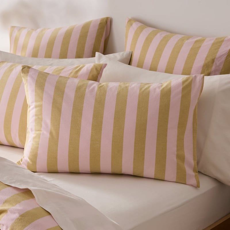 Stonewashed Cotton Pink & Olive Oil Block Stripe Quilt Cover Separates