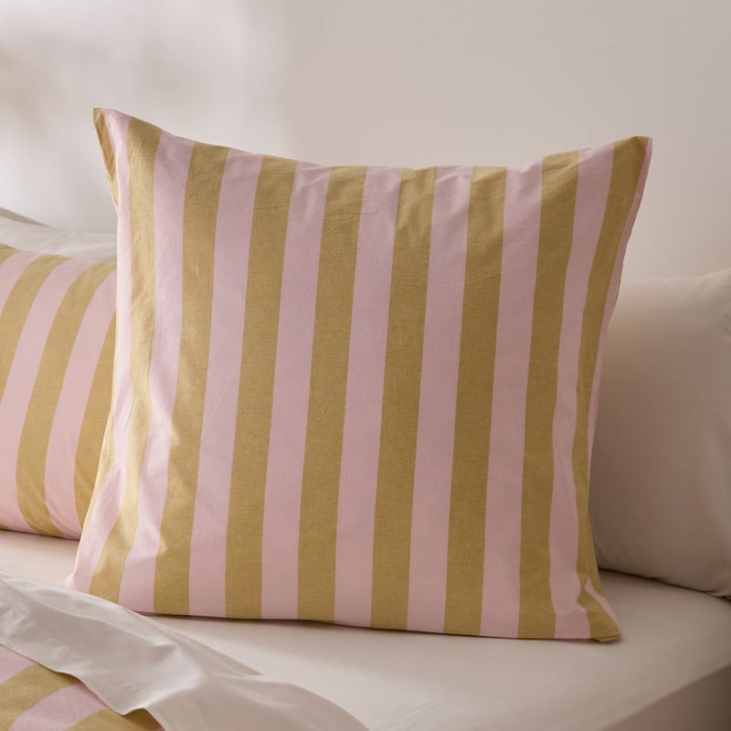 Stonewashed Cotton Pink & Olive Oil Block Stripe Quilt Cover Separates