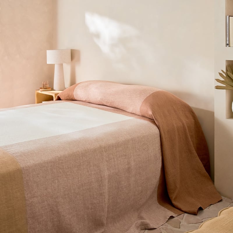 Vintage Washed Linen Hazelnut & Caramel Check Bedcover