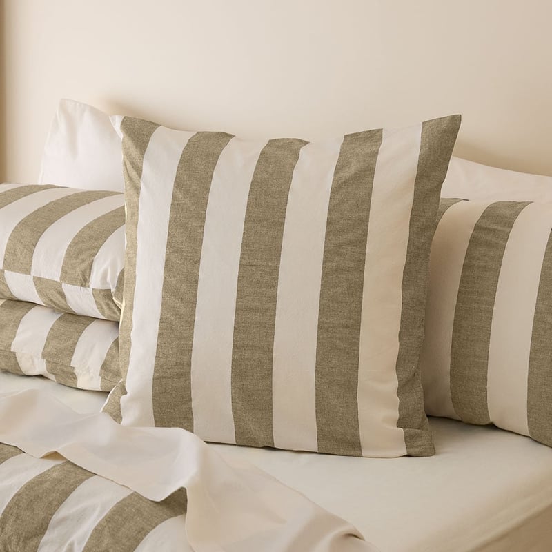 	Stonewashed Cotton Olive & Coconut Wide Stripe Pillowcases