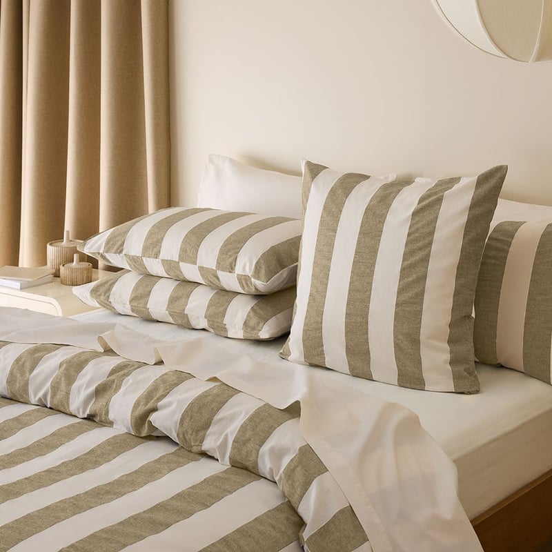 	Stonewashed Cotton Olive & Coconut Wide Stripe Pillowcases