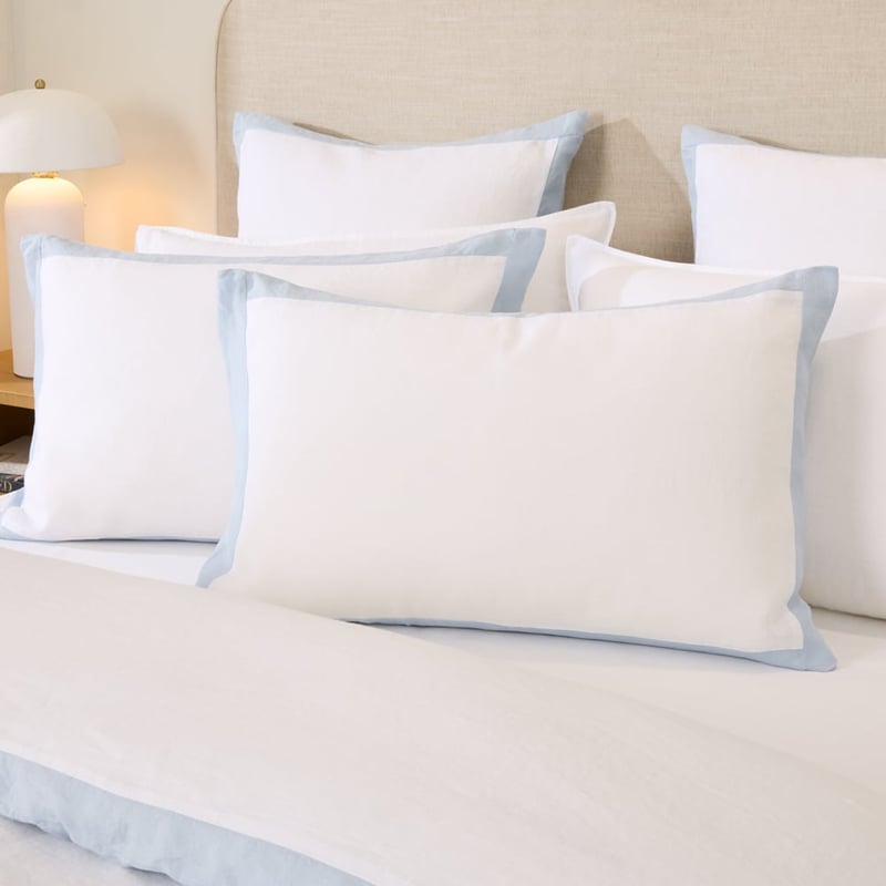 Vintage Washed Linen White & Dusty Blue Border Quilt Cover Separates