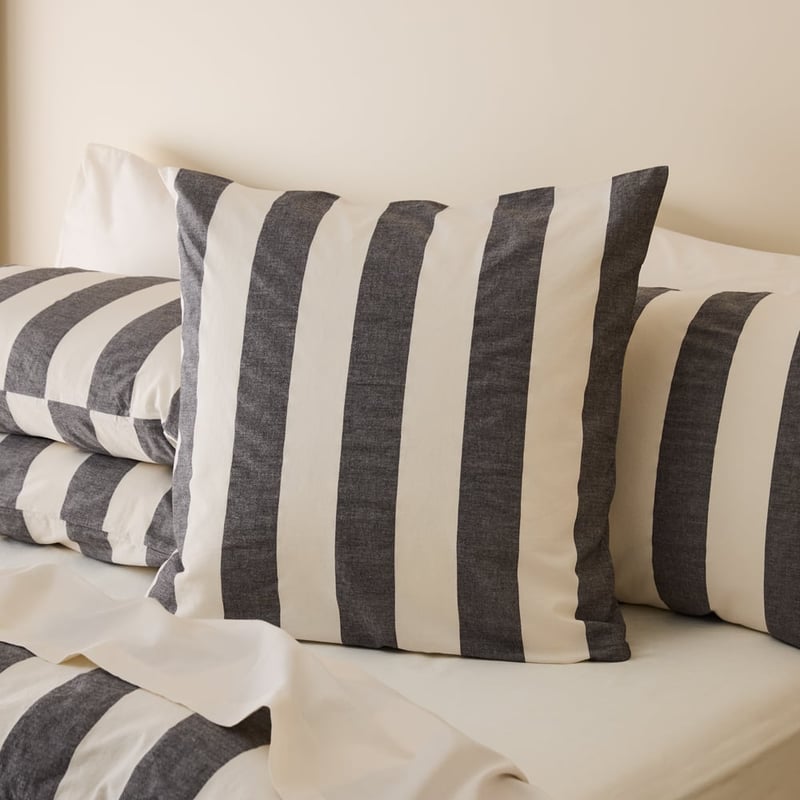 Stonewashed Cotton Black & Coconut Wide Stripe Pillowcases