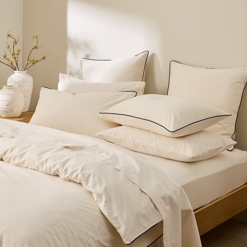 Stonewashed Cotton Coconut & Black Piped Quilt Cover Separates