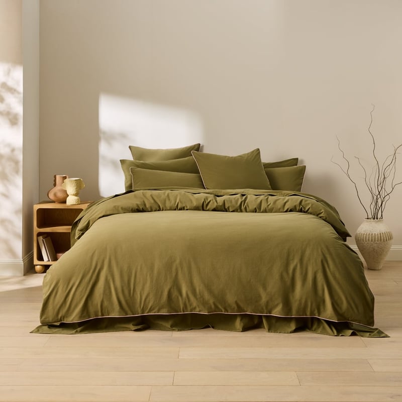 Stonewashed Cotton Olive & Peony Piped Quilt Cover Separates