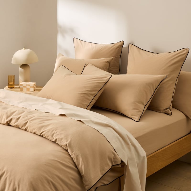 Stonewashed Cotton Sesame & Black Piped Quilt Cover Separates