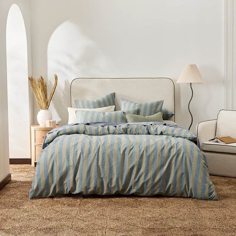 Stonewashed Cotton Olive and Denim Block Stripe Sheet Separates