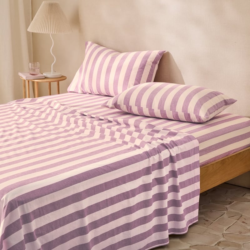 Stonewashed Cotton Berry Block Stripe Sheet Separates