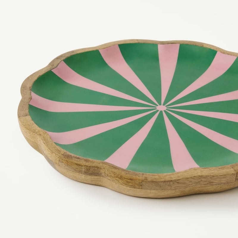 Christmas Pink & Green Mango Wood Scalloped Platter