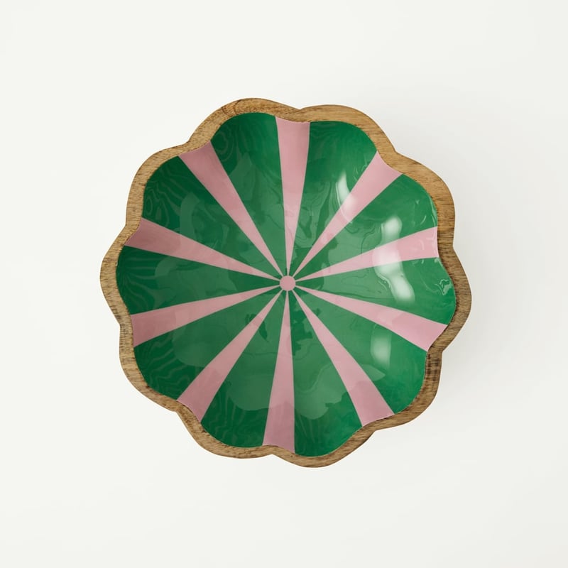 Christmas Pink & Green Mango Wood Scalloped Serving Bowl