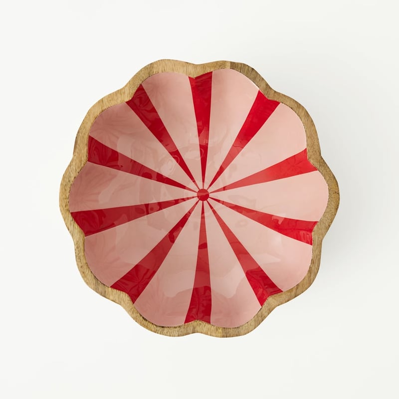 Christmas Red & Pink Mango Wood Scalloped Serving Bowl