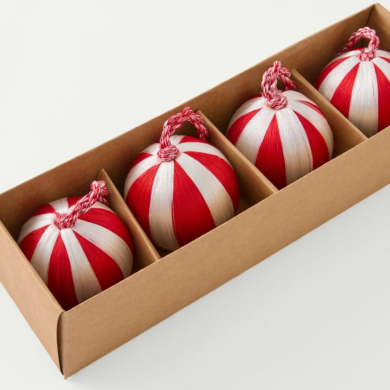 Thread Stripe White & Red Bauble Set of 4