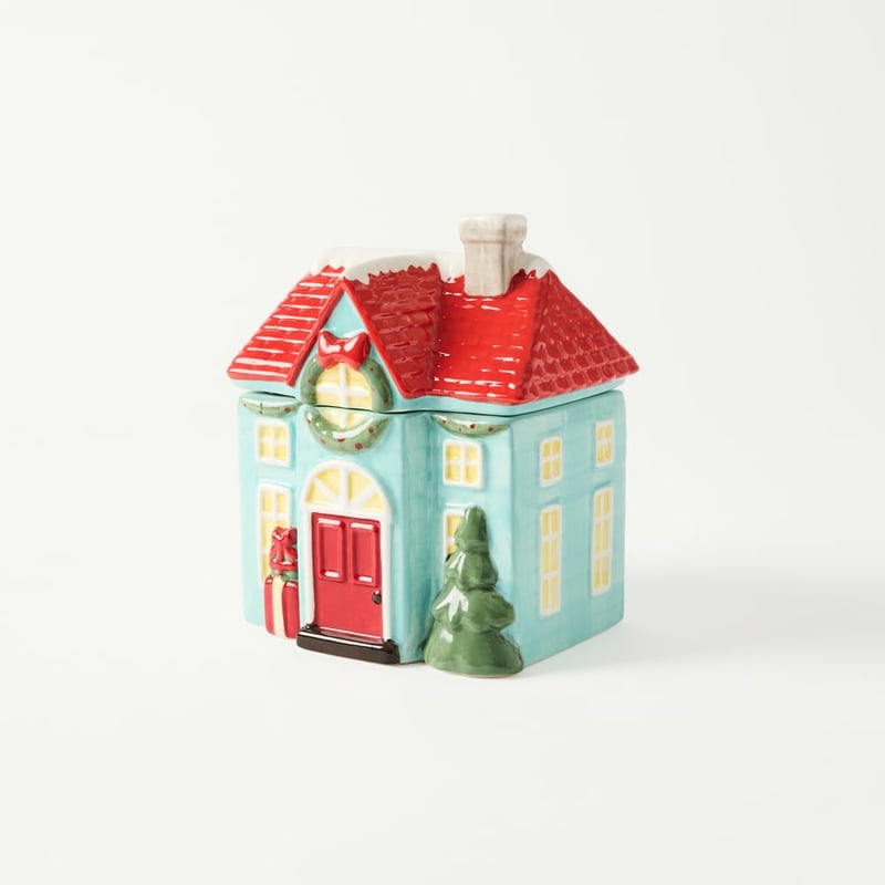 Christmas Village House Red & Blue Cookie Jar