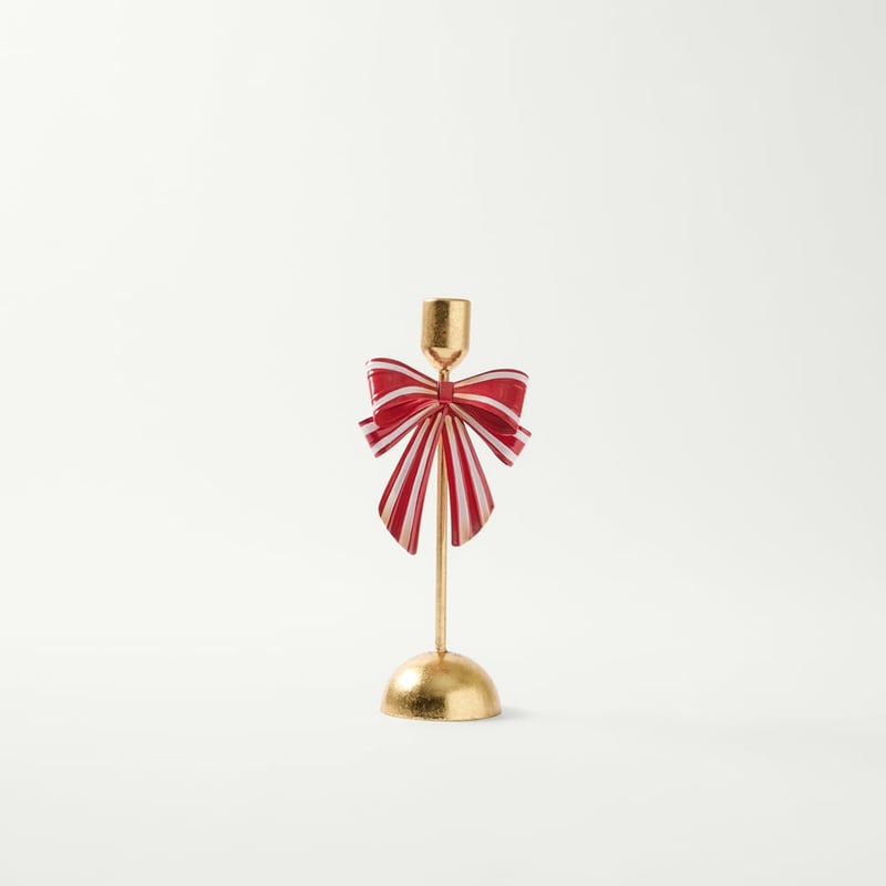 Festive Red, White & Gold Bow Candleholder