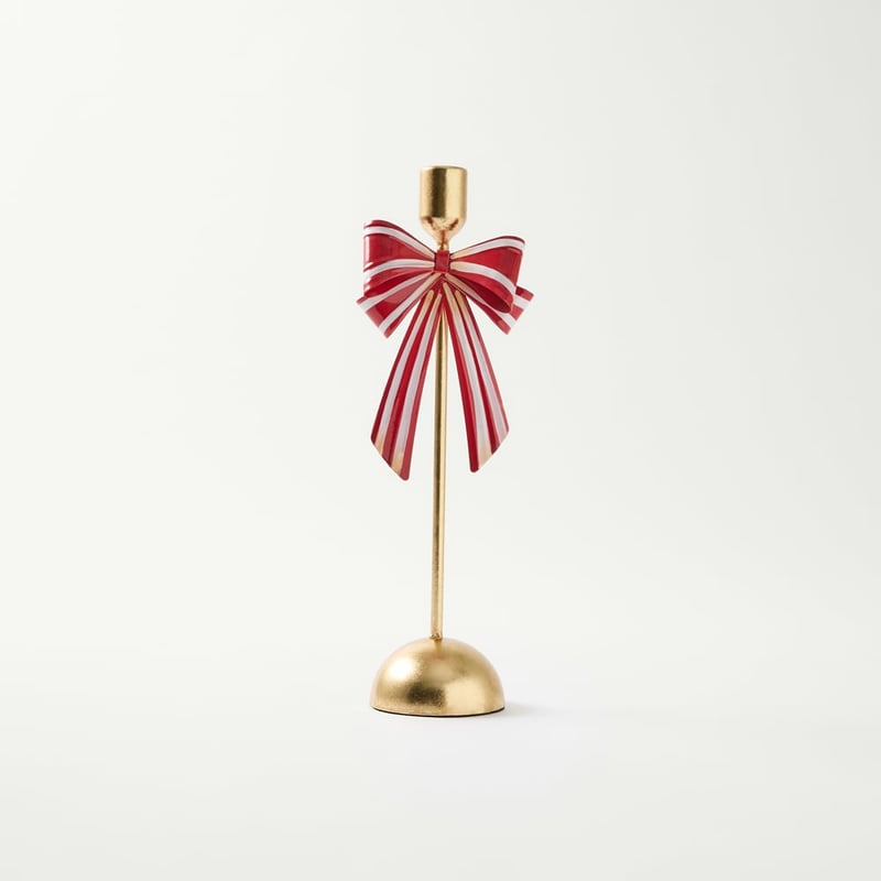 Festive Red, White & Gold Bow Candleholder