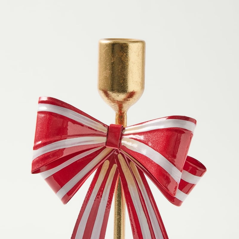 Festive Red, White & Gold Bow Candleholder