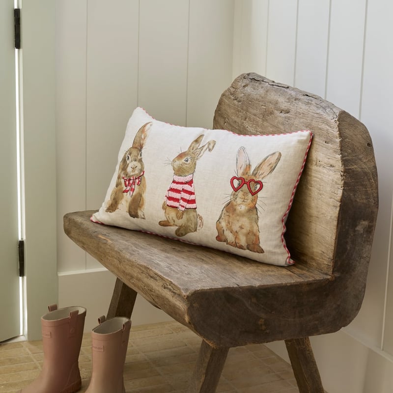 Easter Bunny Pink & Red Linen Cushion