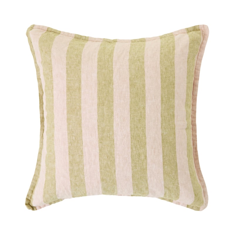Belgian Olive Green & Nude Pink Stripe Vintage Washed Linen Cushion