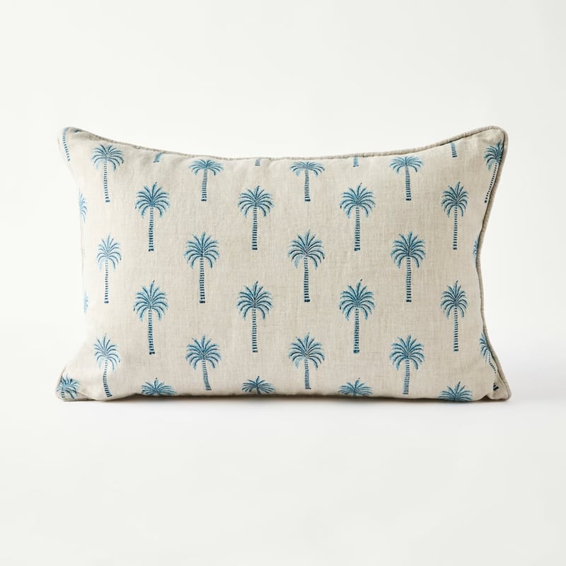 Delhi Woodblock Spring Palm Blue Linen Cushion