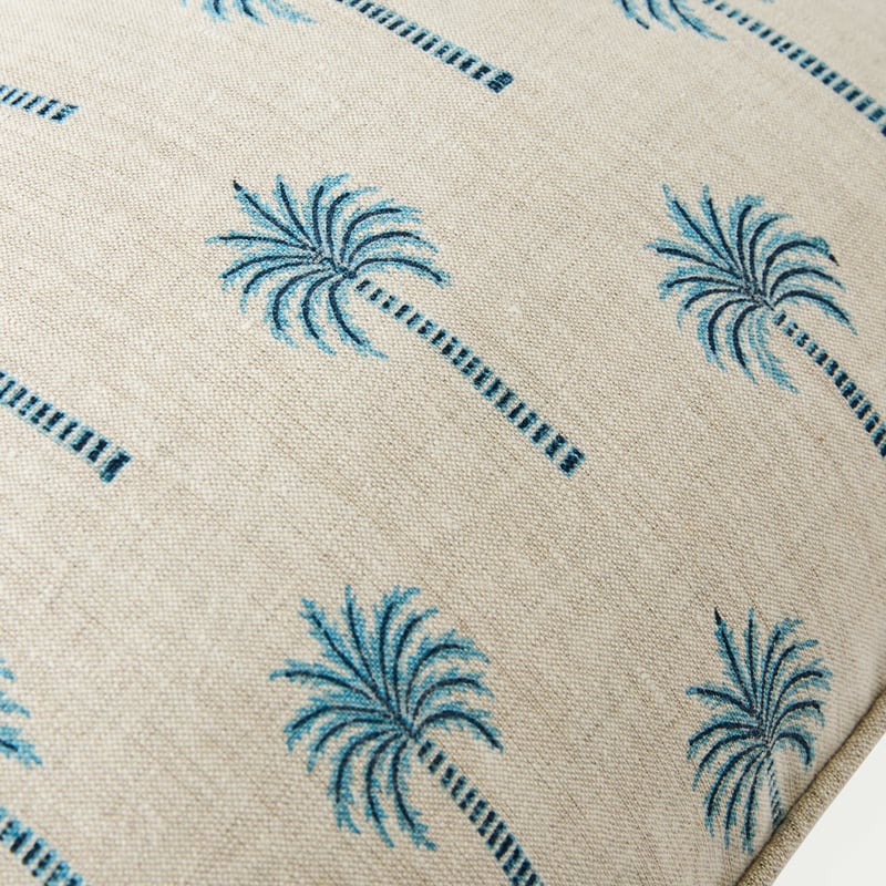 Delhi Woodblock Spring Palm Blue Linen Cushion