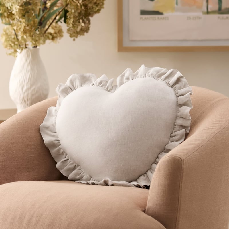 Vintage Washed Linen Heart Ruffle Linen Cushion