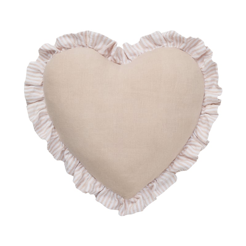Heart Ruffle Nude Pink & White Stripe Vintage Washed Linen Cushion