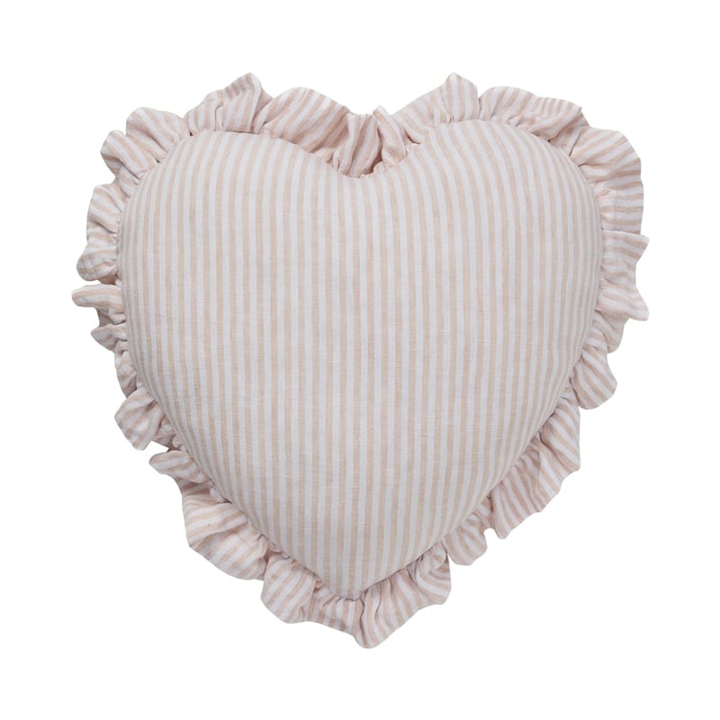Heart Ruffle Nude Pink & White Stripe Vintage Washed Linen Cushion