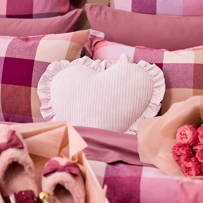 Heart Ruffle Nude Pink & White Stripe Vintage Washed Linen Cushion