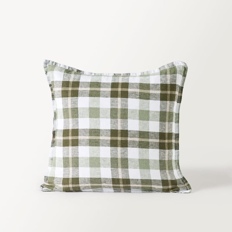 Belgian Green Louis Check Vintage Washed Linen Cushion