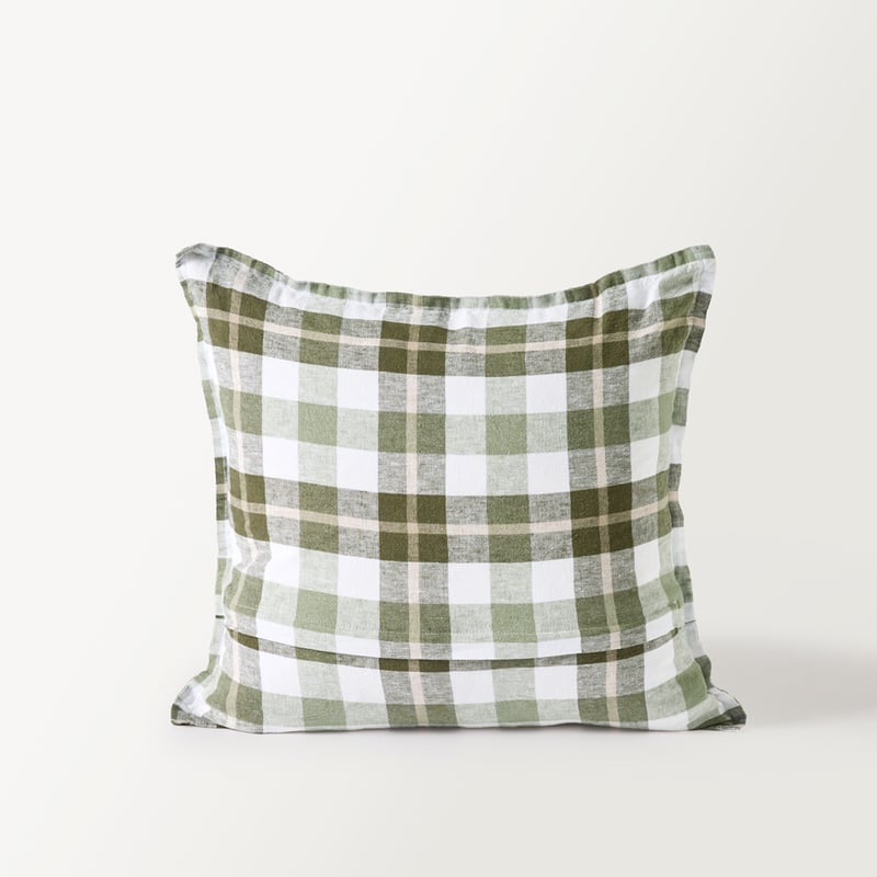 Belgian Green Louis Check Vintage Washed Linen Cushion
