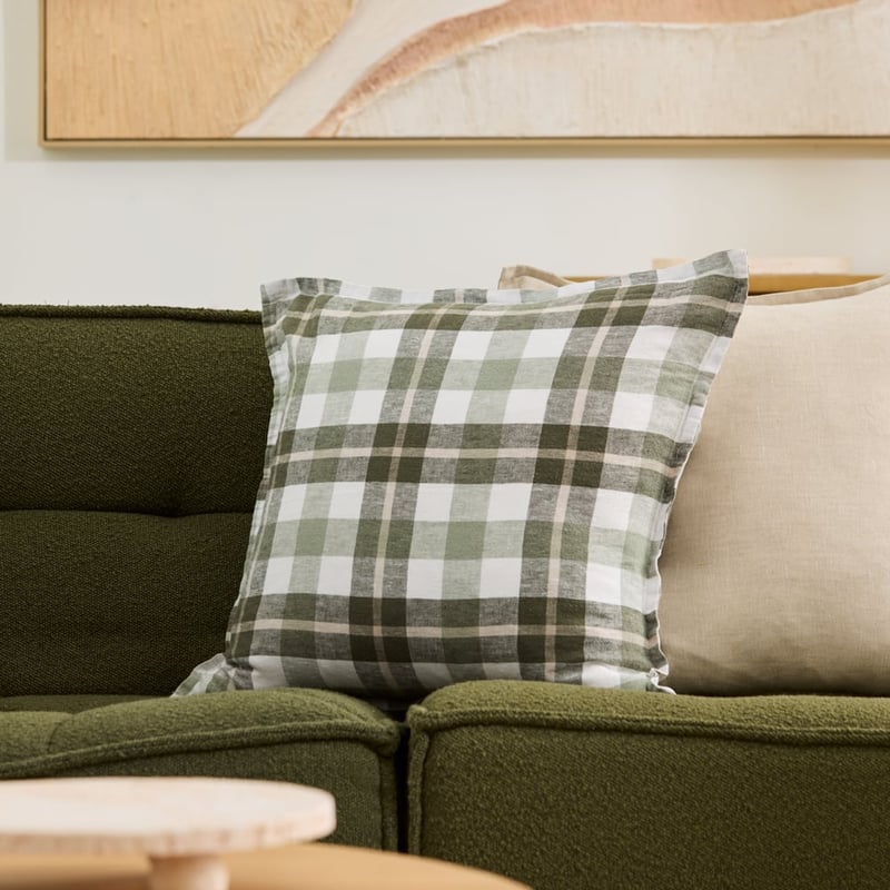 Belgian Green Louis Check Vintage Washed Linen Cushion